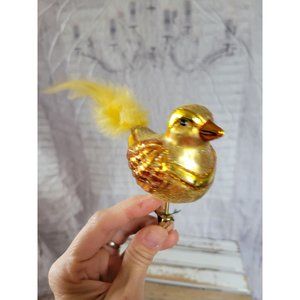 Old world yellow bird clip-on glass feather ornament Xmas holiday tree vintage